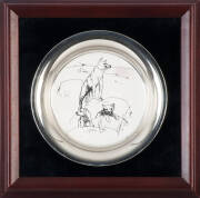 CLIFTON PUGH collector's plate "The Dingoes", sterling silver limited edition 56/1000 with certificate, 20cm, 195 grams; "United Grand Lodge of Victoria", sterling silver plate, limited edition of 569 only available to members (with certificate). 20cm, 19