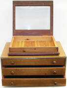 Table top and wall mount display cabinets (4) ideal for small collection or market stall; Three drawer collectors chest with felt lined drawers. Fair/Good condition.