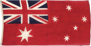 AUSTRALIAN PRIME MINISTERS: WW2 period Australian flag (Red Ensign) with (13) signatures including John Curtin, Billy Hughes, Robert Menzies, John McEwan, Arthur Fadden & War time Govenor General Lord Gowrie. Most signatures appear to be authentic. VG con