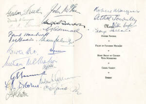 AUSTRALIAN PRIME MINISTERS: 1960 menu "Dinner in honour of Sir George Holland given by The Right Honourable R.G.Menzies", with 23 signatures inside including 5 Prime Ministers - Robert Menzies, Harold Holt, John McEwen, John Gorton & William McMahon; also