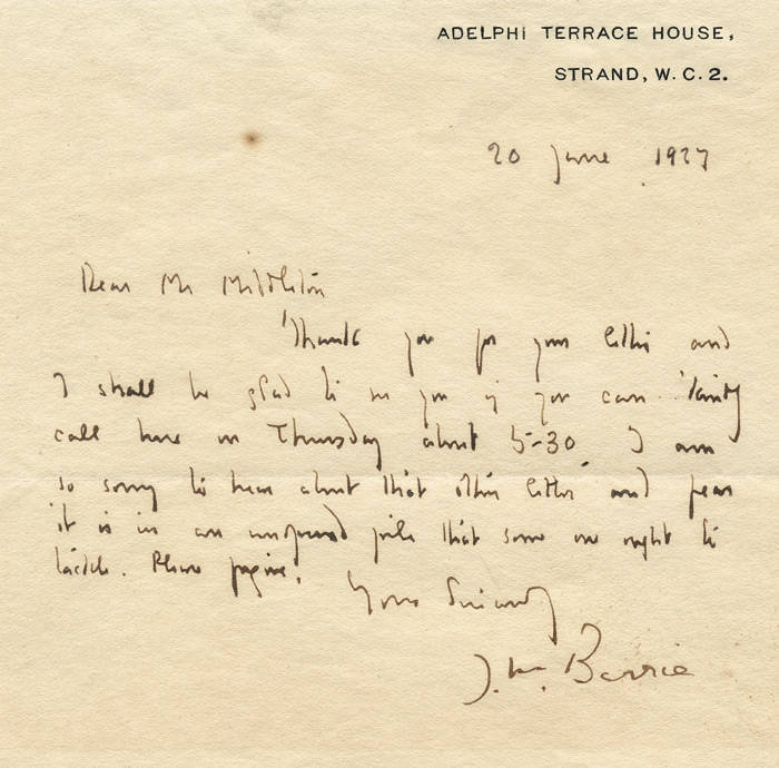 SIR JAMES MATTHEW BARRIE (1869-1937): Author of "Peter Pan", signature on letter dated 20th June 1927 with original envelope. Good condition