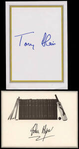 BRITISH PRIME MINISTERS: Tony Blair signature on bookplate label and John Major signature on cricket related card. Excellent condition.