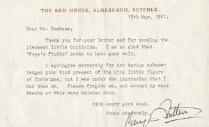 BENJAMIN BRITTEN: English Composer; good signature, single page letter dated 15th May 1961, on letterhead "The Red House Aldeburgh Suffolk". VG condition