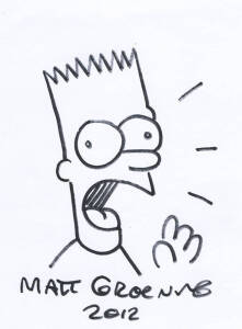 MATT GROENING; Bart Simpson original cartoon sketch (signed and dated 2012); James Rizzi (2) sketches (signed and dated '99 & 2002); Dr.Seuss's ABC childrens book. VG to excellent condition.