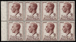 King George VI Period - 1951 (SG.247 var.) 3½d Brown-purple KGVI, left marginal block (8) on THIN PAPER (0.086mm); Superb MUH. BW.253a - $800.