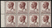 King George VI Period - 1951 (SG.247 var.) 3&frac12;d Brown-purple KGVI, left marginal block (8) on THIN PAPER (0.086mm); Superb MUH. BW.253a - $800.