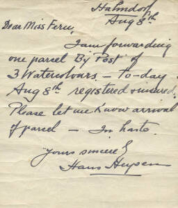 HANS HEYSEN (1877-1968): Famous Australian artist (born in Germany) settled in Hahndorf South Australia; archive collection of letters (7) in total & price list/statement of art works (on 4 separate pages) all addressed from Hahndorf dating from 1947-48. 