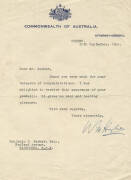 BILLY HUGHES (1862-1952): Australian Prime Minister 1915-1923. Signed letter on Commonwealth of Australia Attorney-General letterhead dated 29th Sept.1941. Addressed to Benjamin F.Parker. Good condition