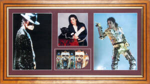 MICHAEL JACKSON, display with signed photograph, window mounted with two other photographs, framed & glazed, overall 94x53cm. With CoA from Michael Jackson International Fan Club.