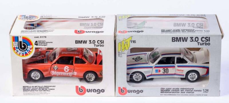 BURAGO: 1:24 BMW 3.0 CSI Turbo (178); And, BMW 3.0 CSI Turbo (116). All mint in original cardboard boxes and labels. (2 items)