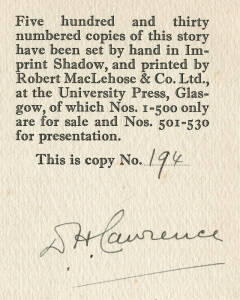 D.H.LAWRENCE: "Rawdon's Roof" by D.H.Lawrence [London 1928] limited edition 194/530 signed by the author. Original dust wrapper (2 small tears and very slight fading on the edges), some toning to leaves but a fine copy in G/VG condition.