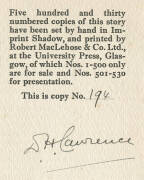 D.H.LAWRENCE: "Rawdon's Roof" by D.H.Lawrence [London 1928] limited edition 194/530 signed by the author. Original dust wrapper (2 small tears and very slight fading on the edges), some toning to leaves but a fine copy in G/VG condition.