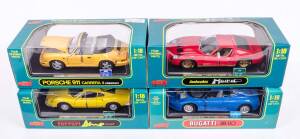 ANSON: 1:18 Bugatti EB 110 (30303-W) Blue; And, Ferrari Dino 246GT (30301-W) Yellow; And, Lamborghini Miura (30302-W) Red; And, Porsche 911 Carrera 4 cabriolet (30309-W) Yellow. All mint in orginal cardboard boxes with lables.