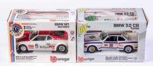 BURAGO: 1:24 BMW 3.0 CSI Turbo (116); And, BMW M1 Marlboro (169). All mint in original cardboard boxes and labels. (2 items)