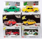 BURAGO: 1:24 Fiat 131 Mirafiori (140); And, Fiat 124 Sport Abarth (137); Fiat Abarth 131 Alitalia (151); Fiat 131 Radiotaxi (141). All in original cardboard boxes and labels see image for condition. (4 items)