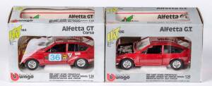 BURAGO: 1:24 Alfetta GT Corsa (144); And, Alfetta G.T. (136). All in original cardboard boxes and labels see image for condition. (2 items)