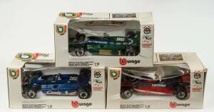 BURAGO: 1:14 Grand-Prix Candy Tyrell (2107); And, Lotus MK4/79 Martini-Tissot (2106); And, Brabham Alfa Parmalat (2103). All in original cardboard boxes and labels see image for condition. (3 items)