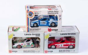 BURAGO: 1:24 Lancia Stratos (135) Alitalia; And, Lancia Stratos (108); And, Die-Cast Lancia Beta Montecarlo. All mint in original cardboard boxes and labels. (3 items)