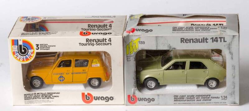 BURAGO: 1:24 Renault 14TL (139); And, Renault 4 Touring-Secours (150). All in original cardboard boxes and labels see image for condition. (2 items)
