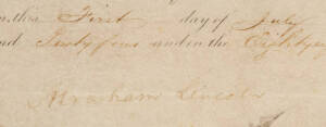 ABRAHAM LINCOLN (1809-1865): 16th President of the United States of America; Signature on Military Appointment of George A.Mursick to Assistant Surgeon of Volunteers (9th Oct.1863). Dr.Mursick was quickly promoted to Surgeon in charge of United States Arm