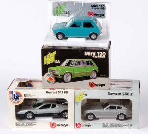 BURAGO: 1:24 Mini 120 4 Aperture (128); And, Datsun 240 Z (113); And Ferrari 512 BB. All mint in original cardboard boxes and labels. (3 items)