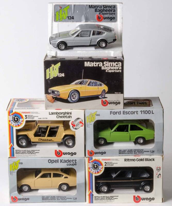 BURAGO: 1:24 Ritmo Gold Black (180); And, Ford Escort 1100L (146); And, Lamborghini Cheetah (179); Matra Simca Bagheera (124); Opel Kadett Coupe. All in original cardboard boxes and labels see image for condition. (5 items)
