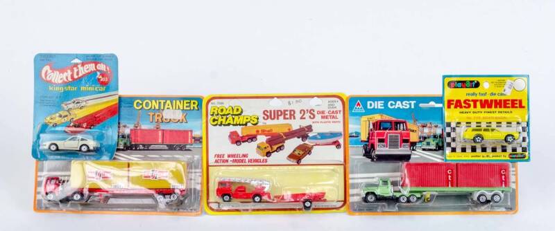 Group of Modle Cars Including TINTOYS: Container Mack Truck (WT708); And, YATMING: Road Champs Super 2's Fire Truck and Boat; And, KINGSTAR: Mini car Mercedes Benz 450SLC (205). Most mint, all in original cardboard packaging. (28 items) 