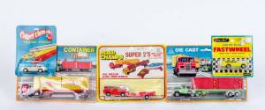 Group of Modle Cars Including TINTOYS: Container Mack Truck (WT708); And, YATMING: Road Champs Super 2's Fire Truck and Boat; And, KINGSTAR: Mini car Mercedes Benz 450SLC (205). Most mint, all in original cardboard packaging. (28 items)&nbsp;