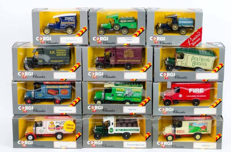 CORGI: Group of 'Classics' Cars Including Domminon Ford Model T (872); And, Lyons' Tea Ford Model T Van (865); And, Carlsberg Thornycroft Beer Truck (C867/A). All mint in original cardboard packaging. (45 items)