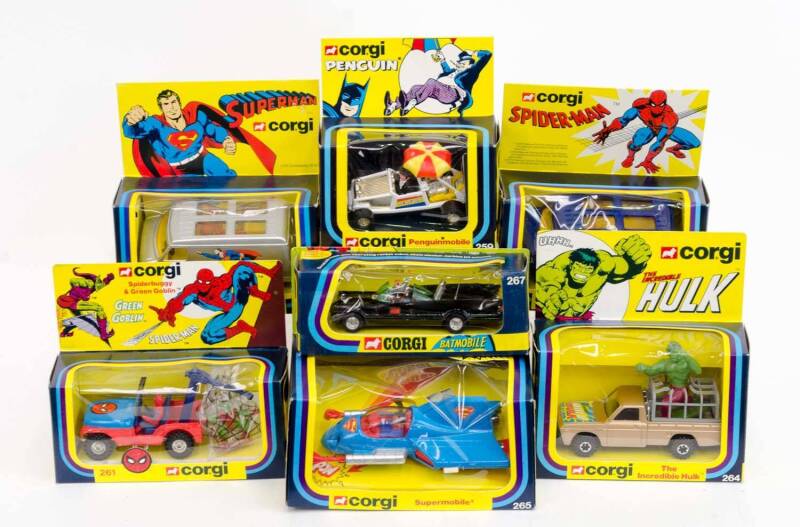 CORGI: Group of Vintage Comicbook Super Heros Model Vehicles Including Superman Supermobile (265); And, Rocket Firing Batmobile (267); And, Penguinmobile (259); And, The Incredible Hulk (264). All models mint in original cardboard packaging, slight damage