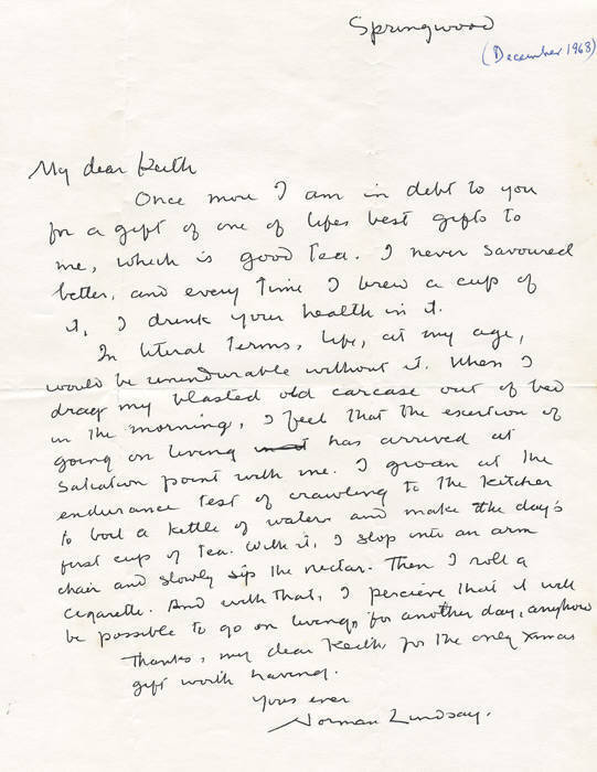 NORMAN LINDSAY: Famous Australian artist. Signed hand written letters (2) c1968 addressed to "Keith", sent from "Springwood" Lindsay's home. VG condition.