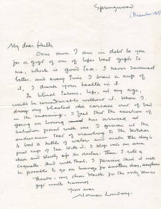 NORMAN LINDSAY: Famous Australian artist. Signed hand written letters (2) c1968 addressed to "Keith", sent from "Springwood" Lindsay's home. VG condition.