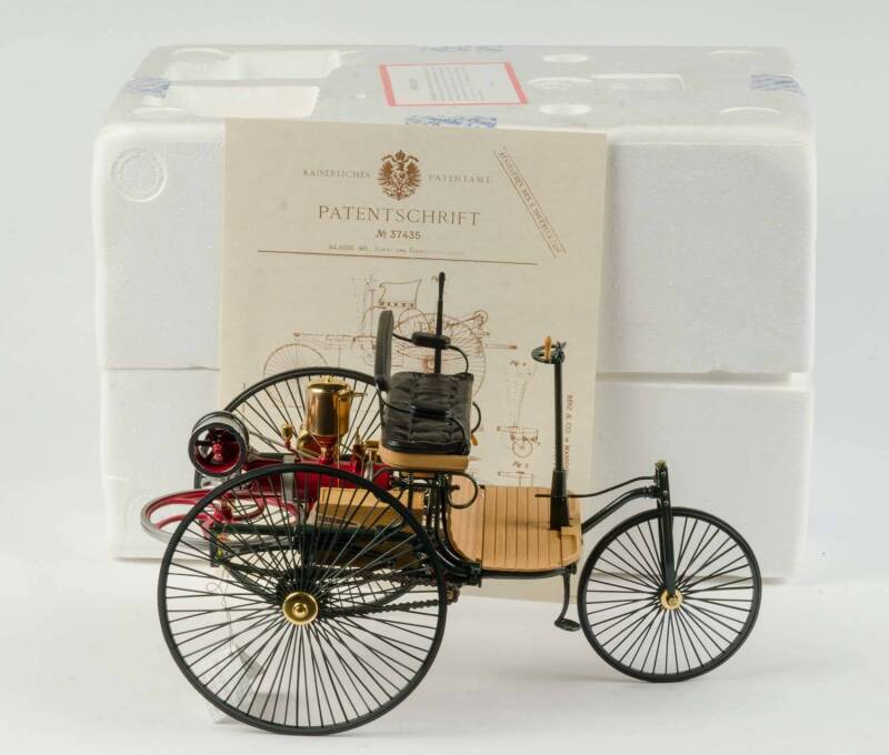 FRANKLIN MINT: 1:8 1886 Benz Patent Motorwagen. Mint in box with original accompanying papers.