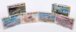 FUJIMI: 1:76 Group of Model Tanks Including British Infantry Tank Valentine (WA12); And German Heavy Tankdestroyer Jagdtiger (WA4); And, Russian Heavy Tank KV-II Late Type (WA3). All Mint in original cardboard packaging. (21 items)