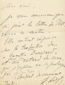 FRANZ LISZT (1811-1886): Composer & Pianist, letter in French to a friend the German music critic R.Pohl. Plus hand written envelope in Liszt's own hand. Excellent condition.