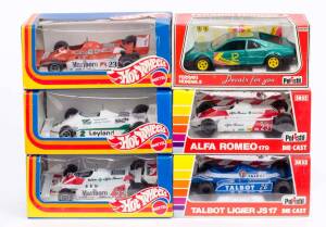 Group of Model Cars Including POLISTIL: 1:22 Alfa Romeo 179 (SN52); And, POLISTIL: 1:22 Ferrari 126 CK (SN51); And, MATTEL: 1:25 Alfa Romeo 179C. All mint in original cardboard packaging. (12 items) 