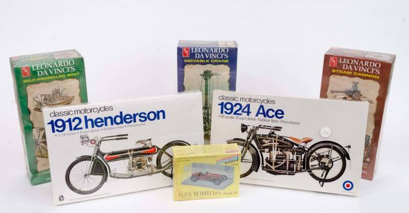 Group of Model Hobby Kits Including AMT: Leonardo Da Vinci's Steam Cannon (L101); And, ENTEX: 1:16 Classic Motorcycles 1924 Ace (8485); And, ENTEX: 1:16 Classic Motorcycles 1912 Henderson (8482). All mint in original cardboard packaging. (6 items) 