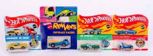 MATTEL: Hot Wheels Group from 1960s-70s Including 'Revvers' Off-Track Racers Town Terror (6999) Light Blue; And, 'Mongoose vs Snake' Don Snake Prudhomme dragster; And, 13 California Custom Minitures. All in original cardboard packaging with custom badges.