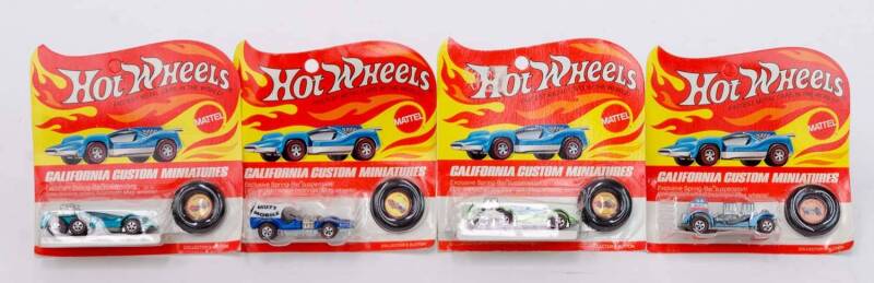 MATTEL: Hot Wheels Group of 1970s California Custom Miniatures Including Six Shooter Green; And, Mutt Mobile Blue; And, Special Delivery Blue. Most mint, all in original cardboard boxes. (8 items)