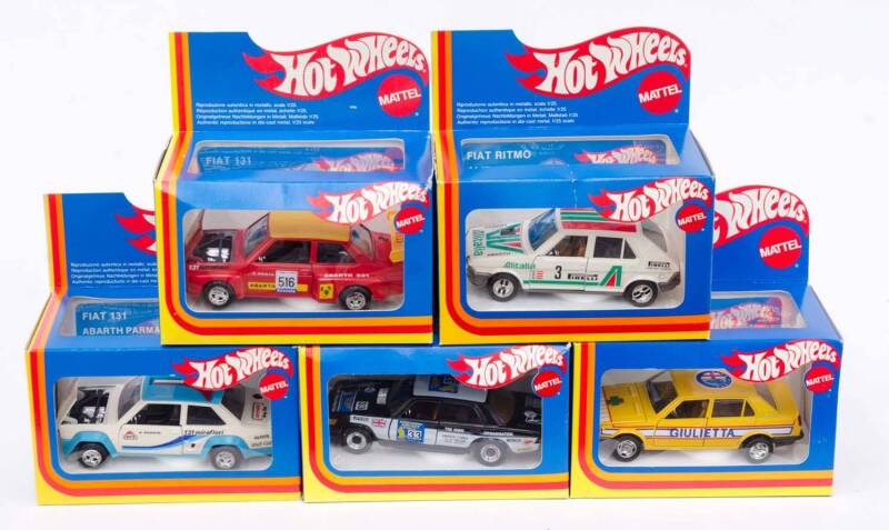 MATTEL: 1:25 Group of Hot Wheels Model Cars Including Fiat 131 Arbarth Parmalat (6749); And, Alfa Romeo Giulietta Special (6758); And, Mercedes Rally (6745). All mint in original cardboard packaging. (5 items) 