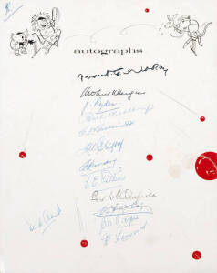 SIR ROBERT MENZIES (1894-1977, 12th Prime Minister of Australia), signature on 1971 menu "Dinner in honour of Frank Woolley", with 12 cricket signatures including Frank Woolley, Jack Ryder, Bill O'Reilly, Bill Whitty, Johnny Taylor & Harold Larwood. Scarc