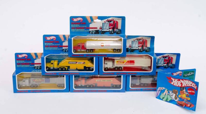 MATTEL: 1:63 Hot Wheels Complete Group of 6 1980s Steering Rigs (Numbers 1915-1920). All mint in original cardboard packaging with accompanying catalog.