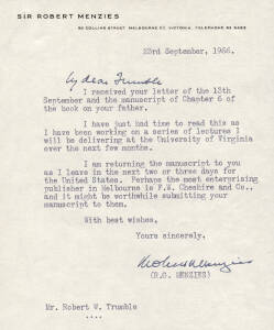 SIR ROBERT MENZIES (1894-1977, 12th Prime Minister of Australia), signed letters (2), typed single pages both dated 1966. One signed "BOB" the other "Robert Menzies". 20 x 17cm each. G/VG condition