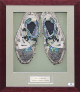 STEVE MONEGHETTI, pair of Nike running shoes, both signed, window mounted, framed & glazed, overall 39x47cm.