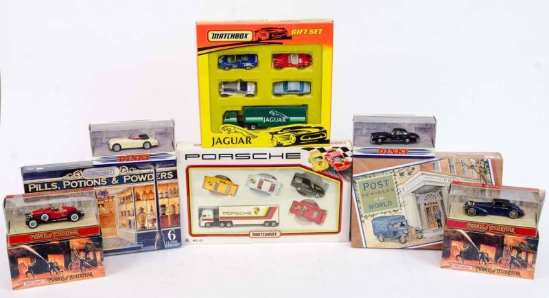 MATCHBOX: Group of Model Cars and Collectors Sets Including Porsche Collectors Set (MC-23); And, Post Vehicles of the World Collectors Set; And, Jaguar Gift Set (50021.20); And, 'Models of Yesteryear' Stutz Bearcat (YY014A/C). All mint in original cardboa