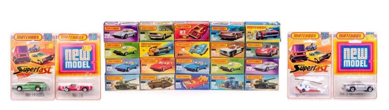 MATCHBOX: Group of Vintage Model Cars, Trucks and Motorbikes Including 'superfast' Caravan (31); And,'Superfast' Holden Pick-Up (60); And, 'Rola-matics' Weasel (73); And, Walt Disney Minnie Mouse (WD-4). All mint in original cardboard packaging. (127 item