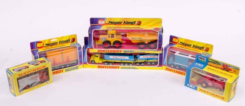 MATCHBOX: Group of Super King and King Size Models Including Combine Harvester (K-9); And, Double Tractor with twin Tippers (K-16); And, Scammell Freight Liner (K-14). All mint in original cardboard boxes. (14 items) 