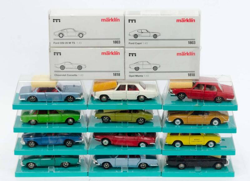 MARKLIN: Group of Model Cars Including VW K70 (1837); And, Vw Variant 1600 (1807); And, Mercedes 250 (1817). All cars in mint condition with slight damage some of the plastic cases. (23 items)