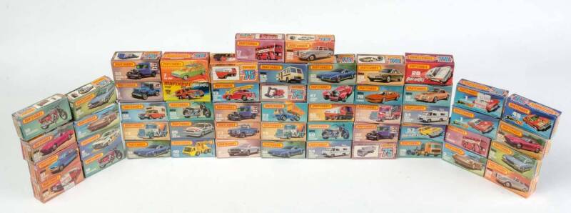 MATCHBOX:  A Group of Model Cars Including Hondarora (18); And, Snorkel Fire Engine (13); And, Excavator (32). Most Mint, all in original cardboard boxes see image for condition. (53 items)