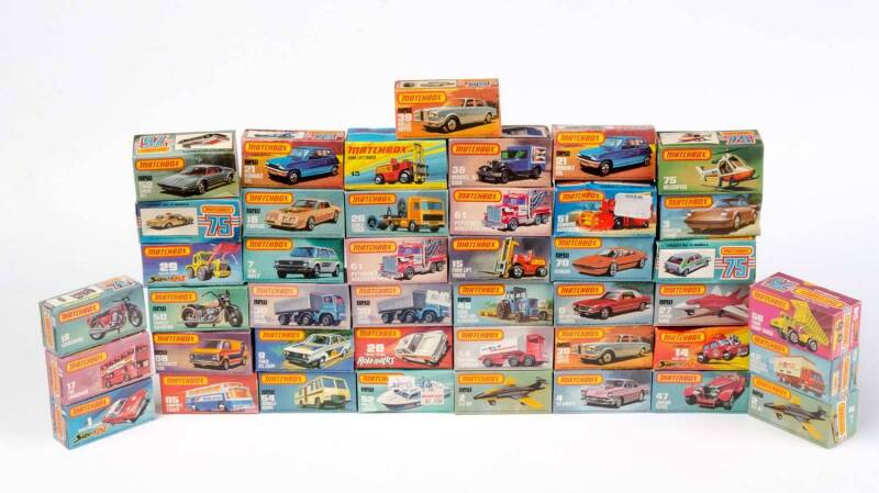 MATCHBOX:  A Group of Model Cars Including Police Launch (52); And, S-2 Jet (2); And, Peterbilt Wrecker Truck (61). Most Mint, all in original cardboard boxes see image for condition. (43 items)